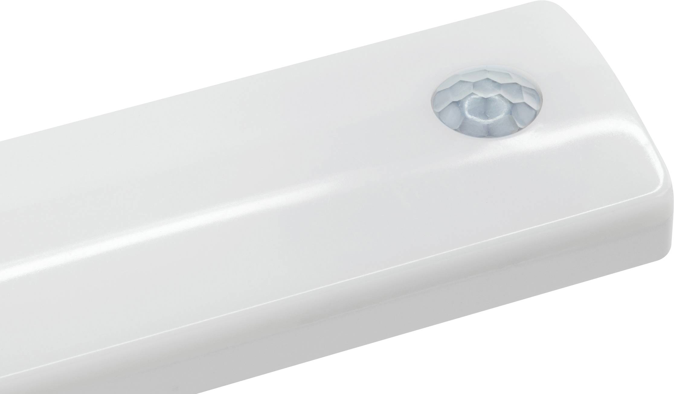 Een witte bewegingsdetector met een blauwe, honingraatvorming sensor rechtsboven, gebruikt voor het detecteren van bewegingen in ruimtes.