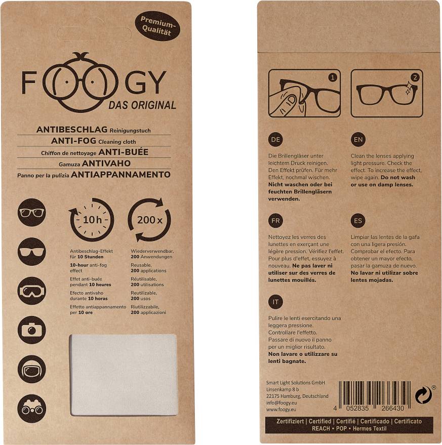 Antibeslaggeroekdoekjes-verpakking van karton. Merk 'Foggy Het Origineel'. Belooft 10 uur effectieve brillenreiniging. Bevat certificeringen.
