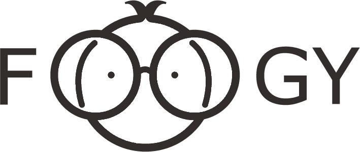 'FOOGY'-logo met een gestileerd gezicht in het midden; de ogen worden vertegenwoordigd door grote brillen.