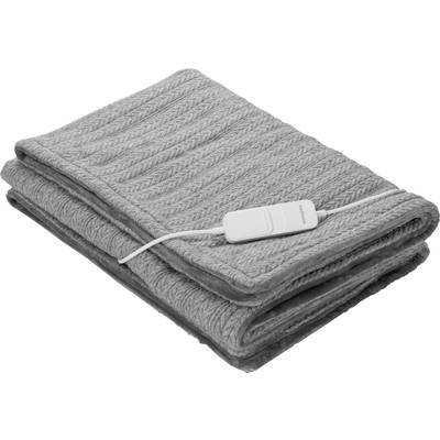Grijze verwarmingsdeken met kabel en schakelaar, gevouwen. Ideaal voor warme nachten of ontspanning.