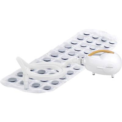 Een wit massageapparaat met een oranje handgreep en slang ligt op een matras met meerdere ronde massagekussens.