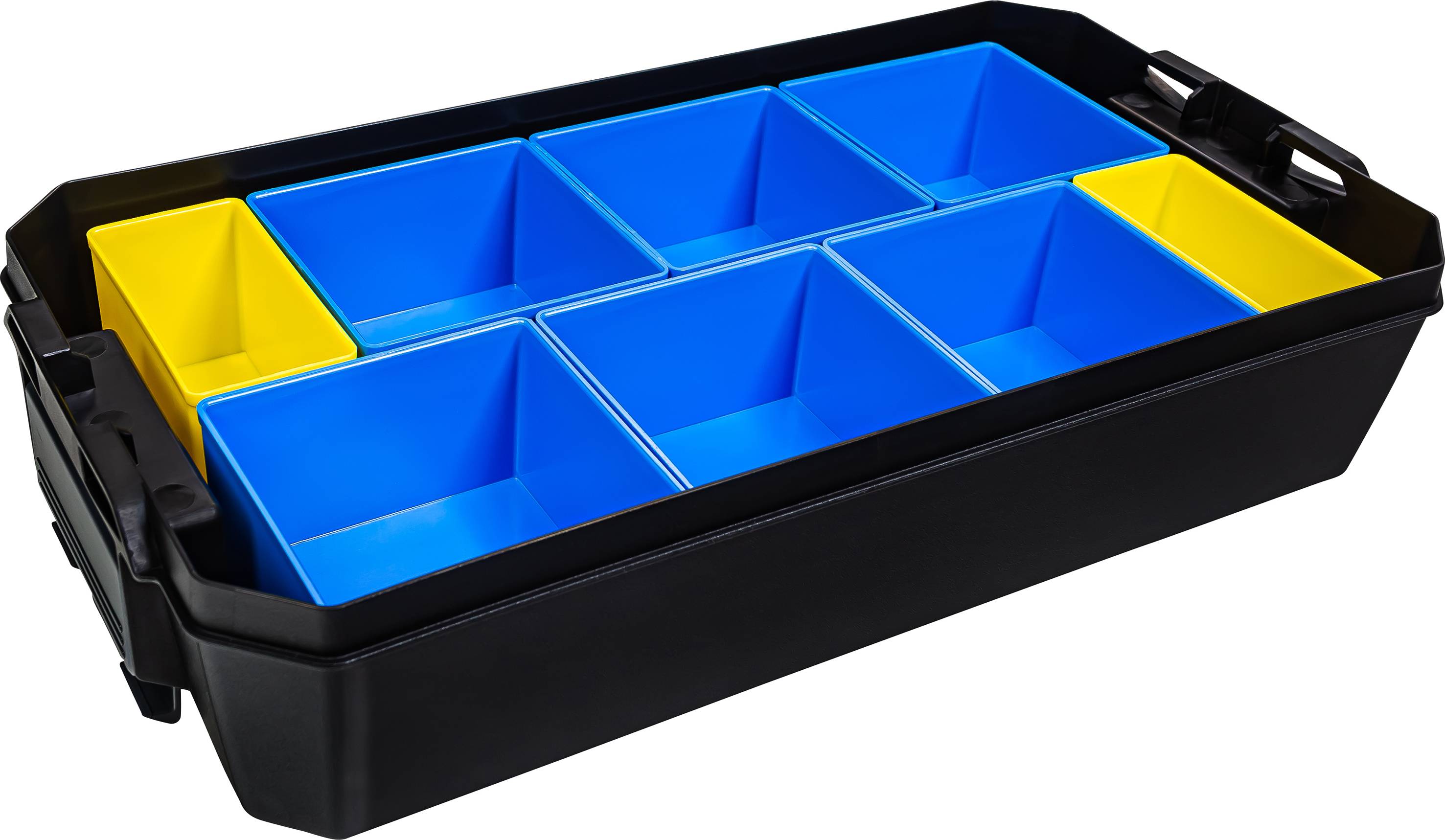 Een zwarte gereedschapskist met acht vakken, zes blauwe en twee gele inzetstukken, verdeeld in een symmetrische opstelling.