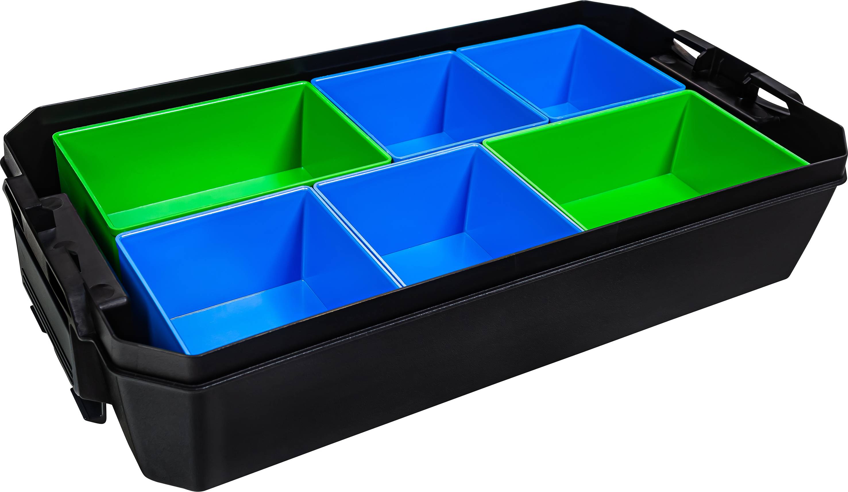 Zwarte gereedschapskist met zes vakken, verdeeld in twee groentinten en vier blauwtinten.