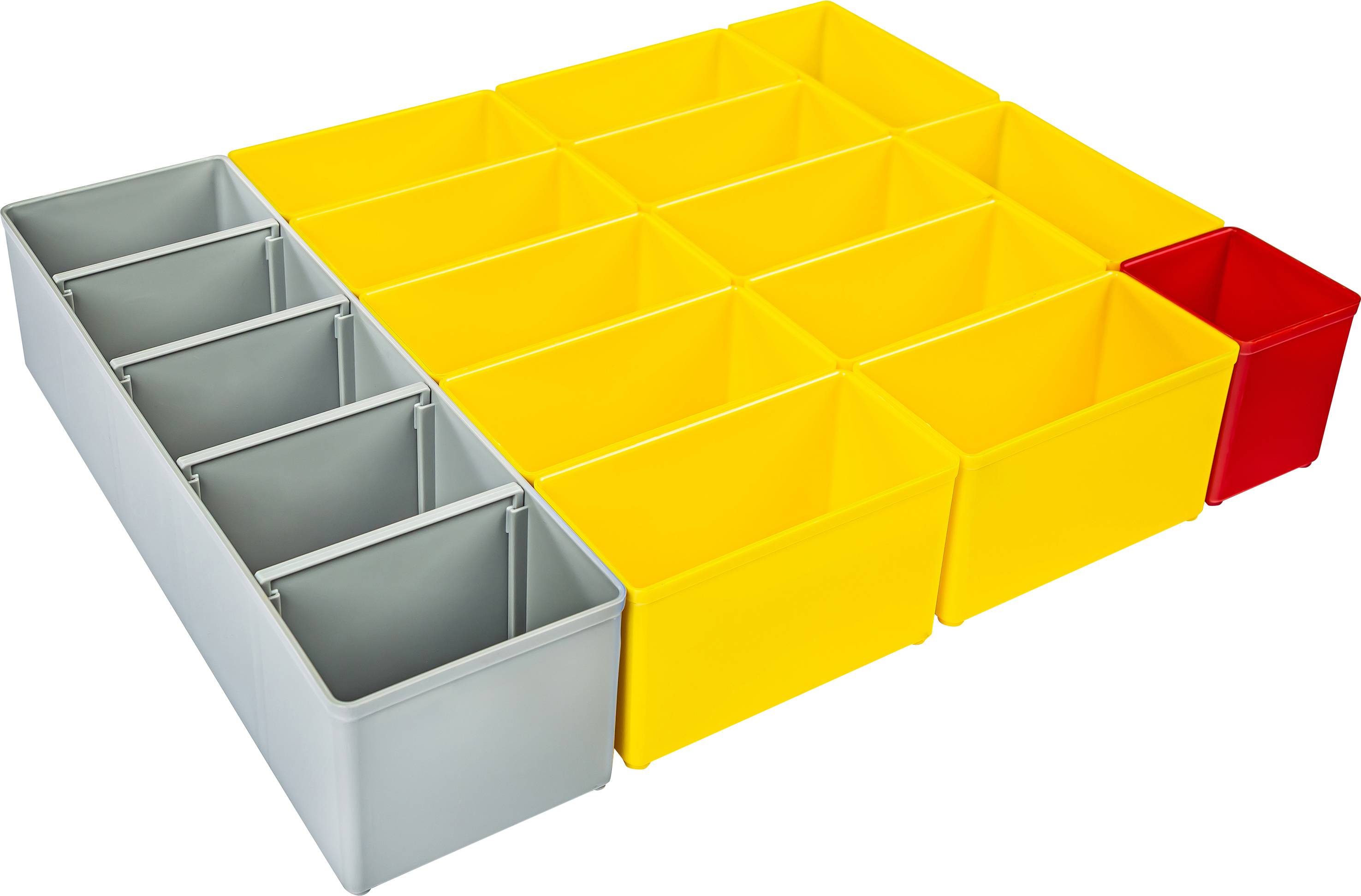Een sorteerdoos-systeem met grijze, gele en een rood vak. De grijze vakken zijn groter, terwijl de gele en rode vakken kleiner zijn.