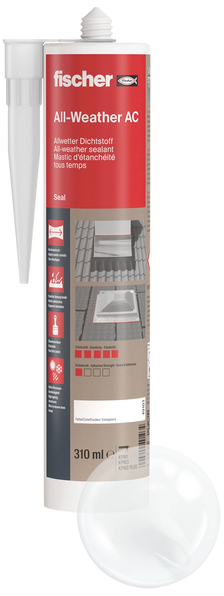 Fischer All-Weather AC dichtstoofpatroon, 310 ml, met spuitmond en witte dop op een witte achtergrond.