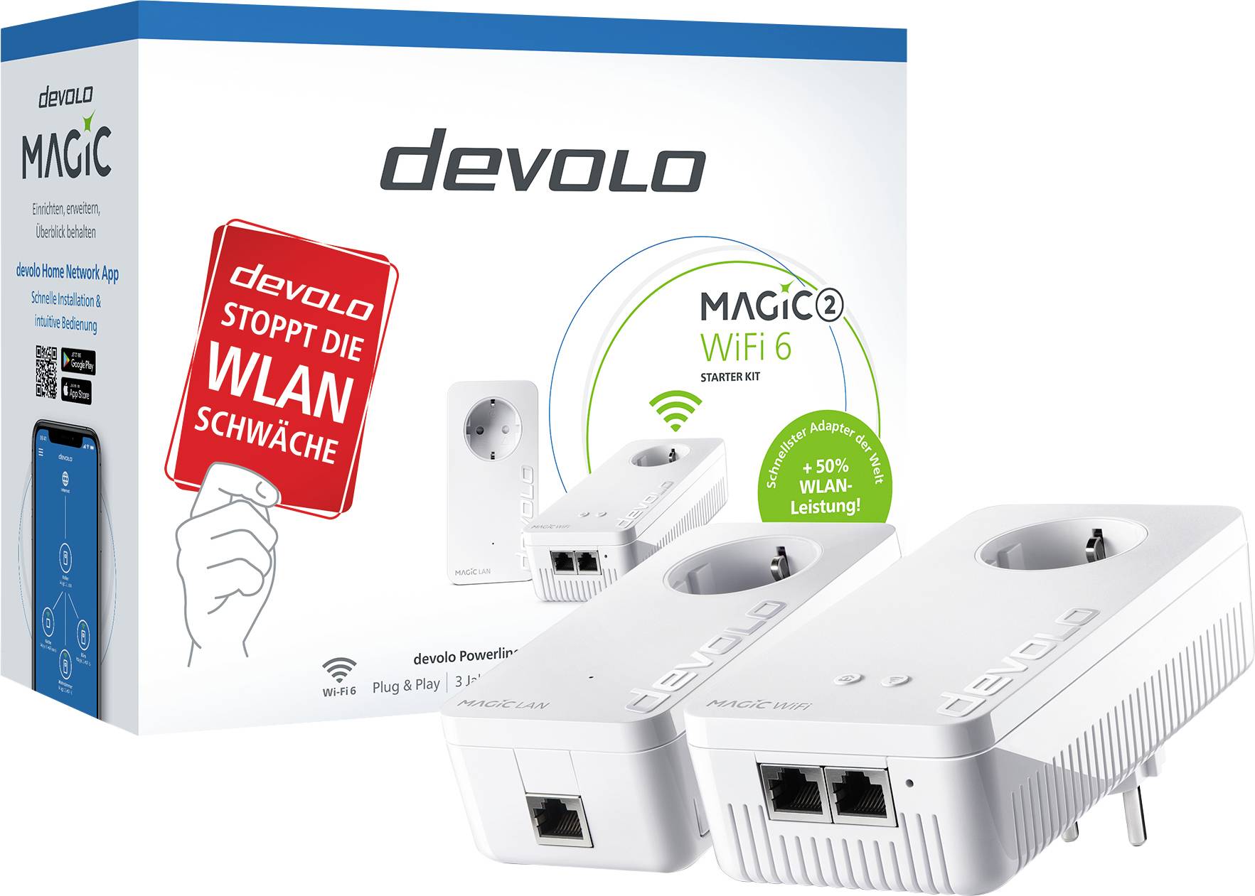 Devolo Powerline-adapterset 'Magic 2 WiFi 6' in Wit. Verbetert WiFi-prestaties in huis. Verpakking toont productafbeelding en tekst over de prestaties.