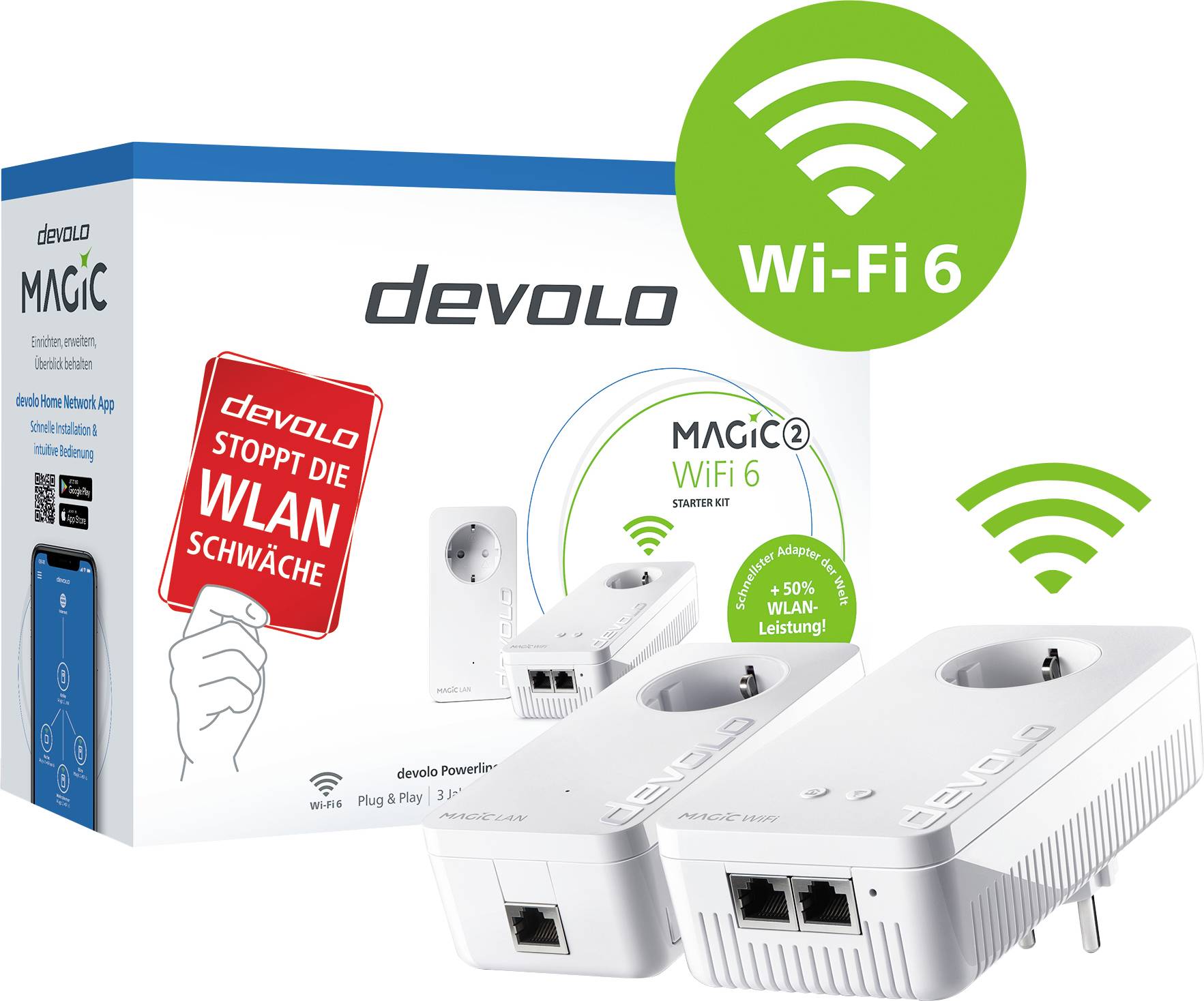 'Devolo Magic 2 WiFi 6 Starter Kit' verpakking met twee Powerline-adapters. Belooft 'Stop de wifi-zwakte' en '50% meer prestaties'.