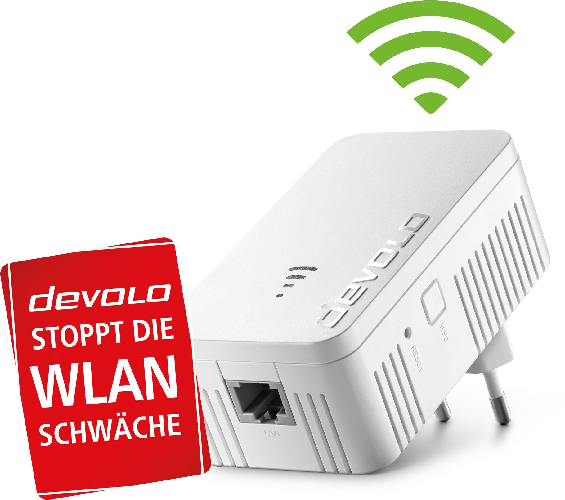 Een witte WiFi-versterker van Devolo met een groen WiFi-symbool bovenaan. Een rood bord zegt 'Devolo stopt de WiFi-zwakte'.