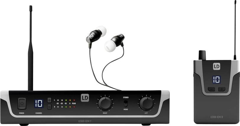 Draadloos In-Ear-Monitorsysteem met ontvanger, zender en oordopjes. Ideaal voor muzikanten op het podium voor verbeterde audio-monitoring.