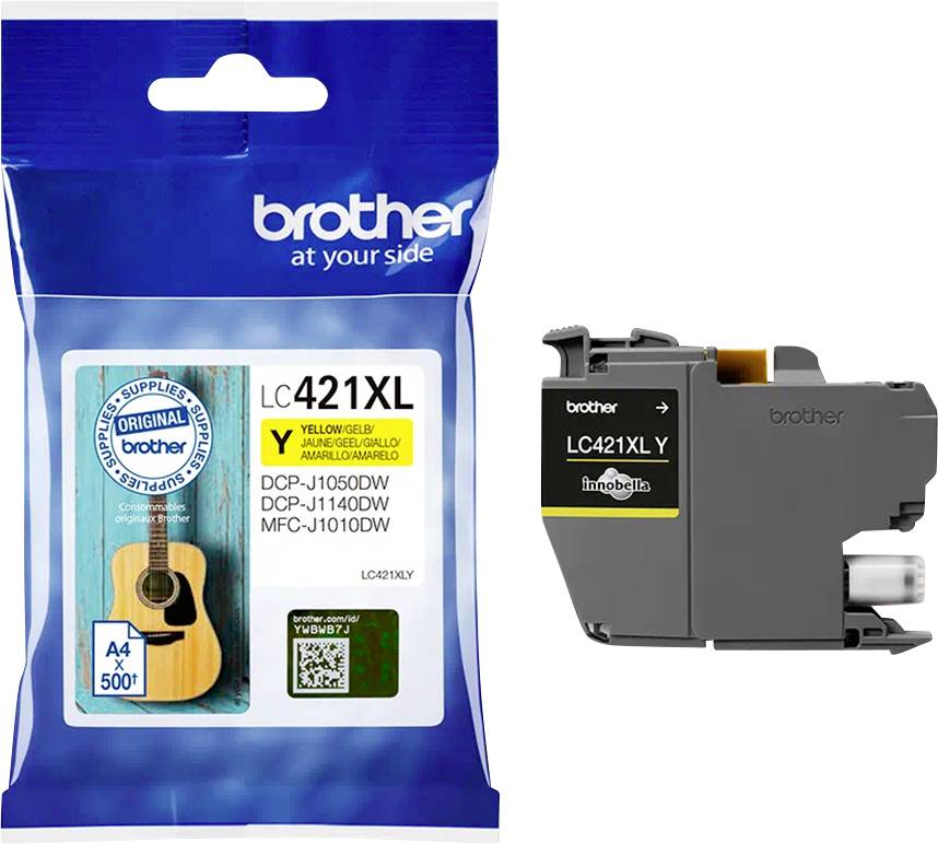 Brother LC421XL inktcartridge in Geel, verpakking en cartridge getoond. Geschikt voor modellen DCP-J1050DW, DCP-J1140DW, MFC-J1010DW.