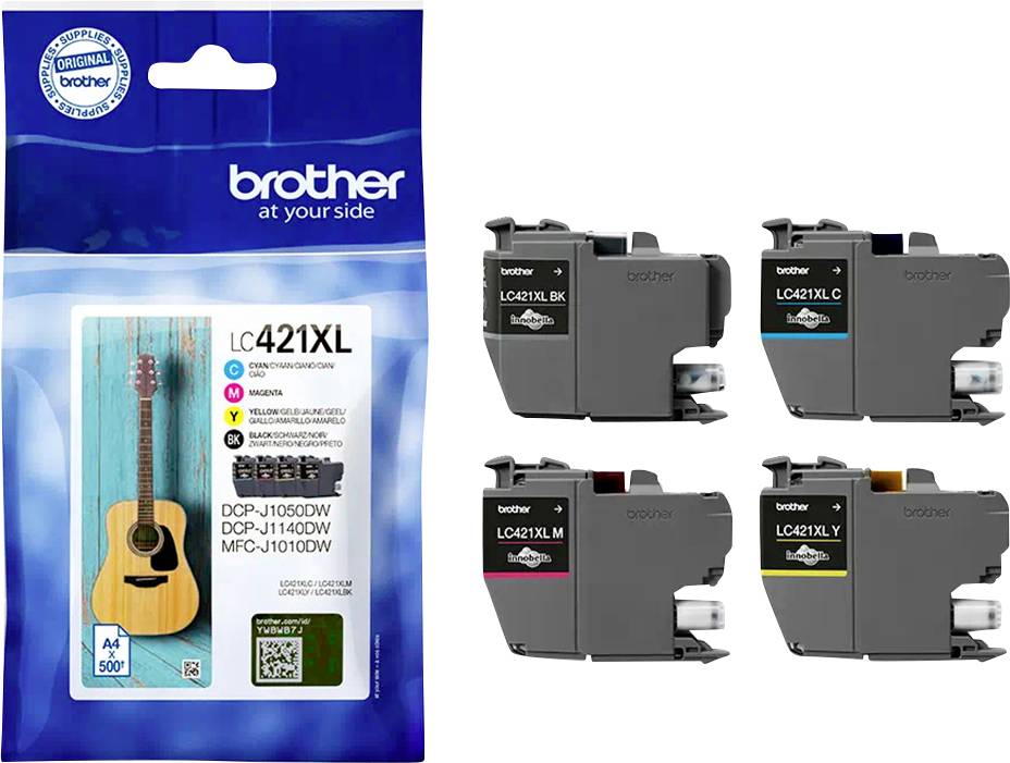 'Brother LC421XL' inktpatronen in vier kleuren: Zwart, Cyaan, Magenta, Geel. Verpakking toont een gitaar. Compatibel met DCP en MFC-printers.