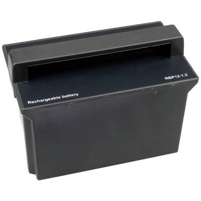 Oplaadbare batterij, zwart, rechthoekige vorm, gemarkeerd met 'Oplaadbare batterij' en 'RBP12-1.2', tegen een witte achtergrond.