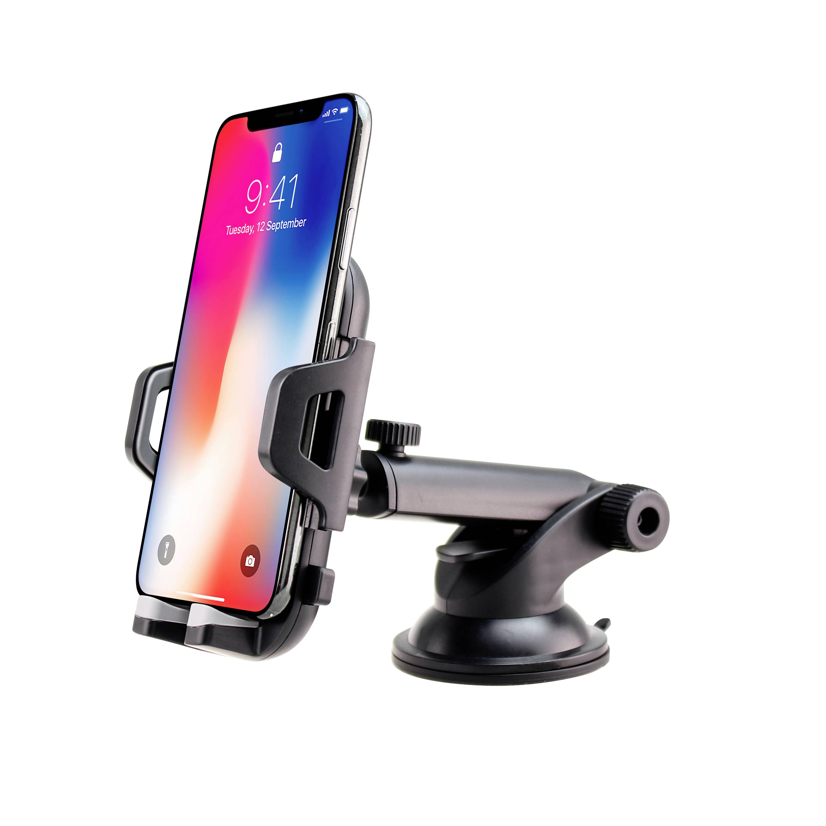 Smartphone in een zwarte autohouder, display toont "9:41". Houder heeft een zuignap voor bevestiging.