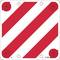 Een vierkant bord met een rood en wit diagonaal strepenpatroon. Het wordt gebruikt om uitstekende ladingen op voertuigen aan te duiden.