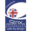 'Aangedreven door Strix Technology, veiliger door design' staat op een blauwe achtergrond met Union Jack-patroon in het midden.
