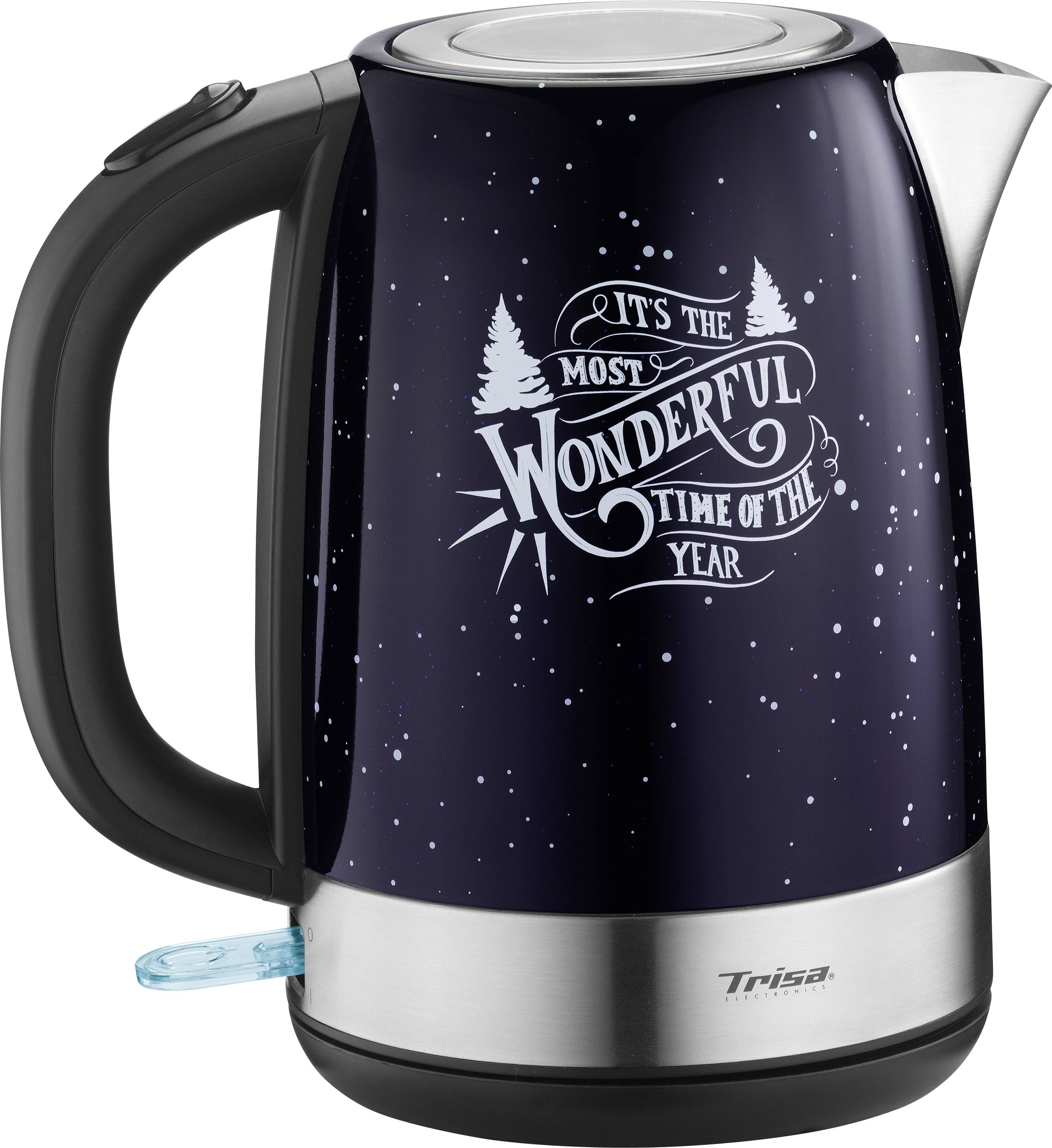 Elektrische waterkoker met donkerblauw design en witte sneeuwvlokken. Opschrift: 'Het is de heerlijkste tijd van het jaar'