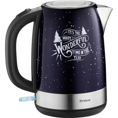 Elektrische waterkoker met donkerblauw design en witte sneeuwvlokken. Opschrift: 'Het is de heerlijkste tijd van het jaar'