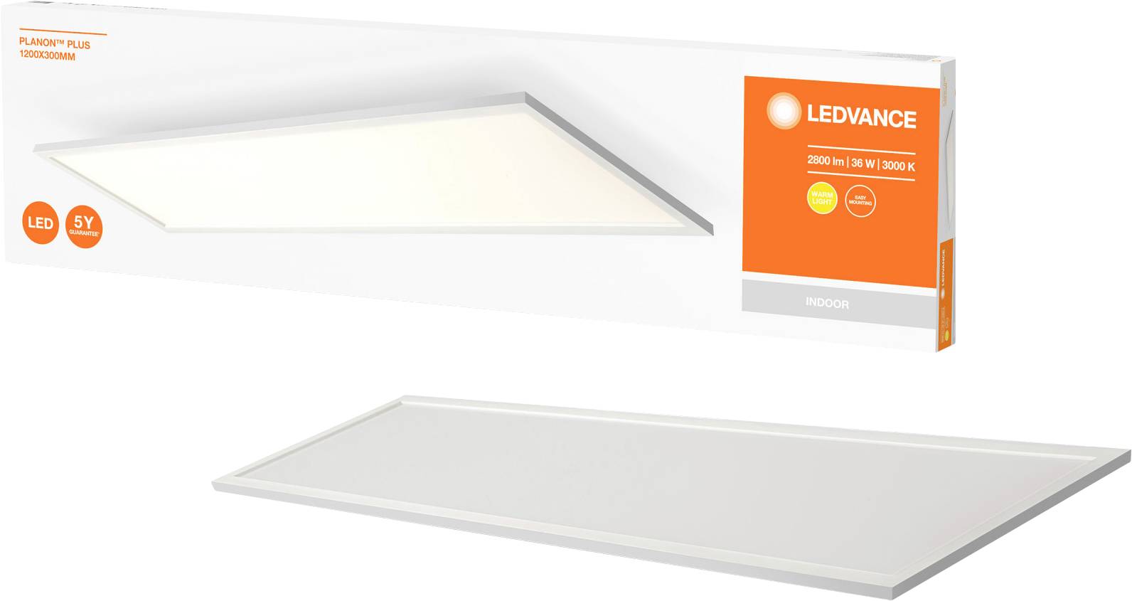 Rechthoekige LED-lamp en verpakking. Merknaam 'LEDVANCE', 2800 lumen, 30 watt, 3000 kelvin. Rechthoekige vorm, wit design.