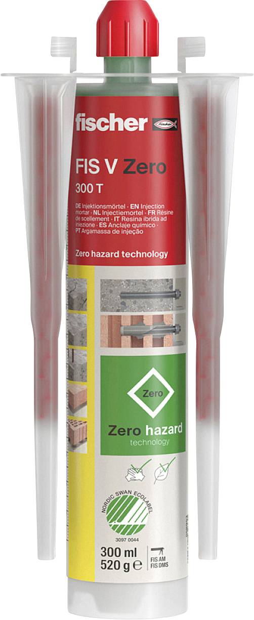 Patroon met rode dop en groen 'Zero hazard technology'-logo. Bevat 'FIS V Zero 300 T' injectiemortel van fischer voor bevestigingen.