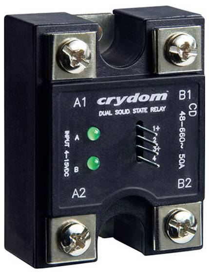 'Solid state relay met label 'crydom', met vier terminals, aangeduid met A1, A2, B1, B2, voor het regelen van hoogspanningscircuits, max 660V, 50A.'