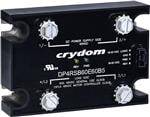 Een zwarte solid-state relais met witte markeringen, voorzien van het merk 'crydom', model DPA1R5B06B085, met aansluitingsinstructies.
