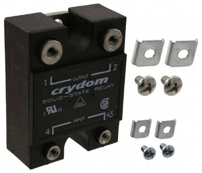 Crydom solid-state relais met ingang- en uitgangsklemmen, inclusief montagebevestiging en schroeven.