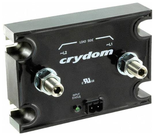 Een zwarte solid-state relais met metalen aansluitingen gelabeld 'crydom', voorzien van belastingszijde verbindingen en invoer statusindicatoren.