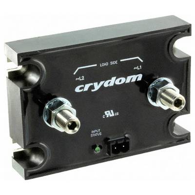 Een zwarte solid-state relais met metalen aansluitingen gelabeld 'crydom', voorzien van belastingszijde verbindingen en invoer statusindicatoren.