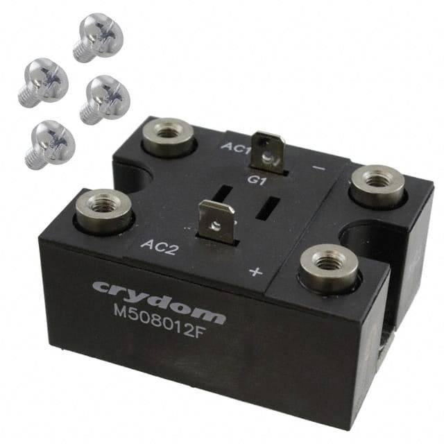 Een zwarte elektronische schakelaarmodule met het opschrift 'crydom M508012F', omringd door vier zilveren schroeven.