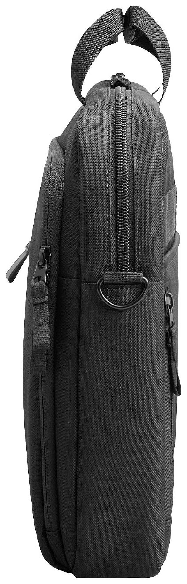 Zwarte laptoptas, gezien van opzij, met rits bovenaan, handgreep en een extra vak met rits aan de zijkant.