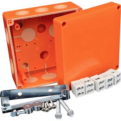 Elektrische verdeeldoos van oranje kunststof met afneembaar deksel. Bevat montagemateriaal zoals beugel, schroeven en kabelklemmen.