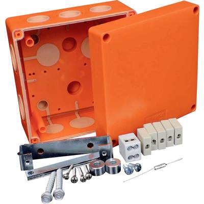 Oranje aansluitdoos met afneembaar deksel; bevat schroeven, klemmen en bevestigingsbeugels. Geschikt voor elektrische installaties.