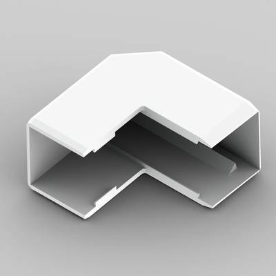 Een witte, L-vormige kunststof verbinder, gebruikt voor het verbinden van kunststof onderdelen onder een hoek van 90 graden, tegen een grijze achtergrond.