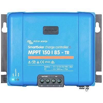 Blauwe SmartSolar-laadregelaar van Victron Energy, model MPPT 150/85 - TR, toont batterij- en zonnepaneelaansluitingen.