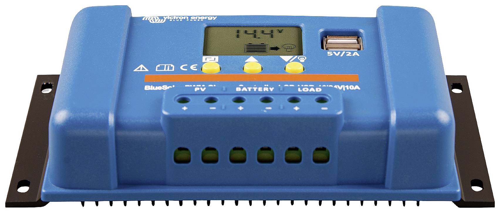 'Een blauwe zonnelader met digitaal display toont 14,4 V. Hij heeft aansluitingen voor zonnepaneel, accu en verbruiker, en een USB-poort.'