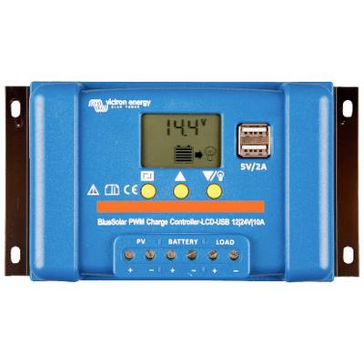 Blauwe zonne-laadregelaar met LCD-display, toont '14,4V', meerdere statussymbolen, twee USB-poorten aan de rechterkant.