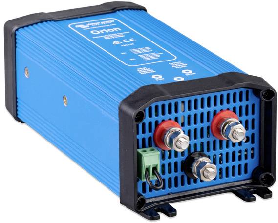 Blauwe elektrische converter met vier aansluitingen aan de voorkant. Logo en modelnaam 'Orion' op de bovenkant.
