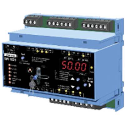 Een blauw elektrisch meetapparaat met een digitale display toont '50.00'. Meerdere aansluitingen boven en onder voor bekabeling.