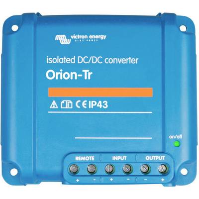 'Blauwe Orion-Tr DC/DC-omvormer van Victron Energy met IP43-bescherming. Bevat indicatoren voor afstandsbediening, ingang en uitgang.'