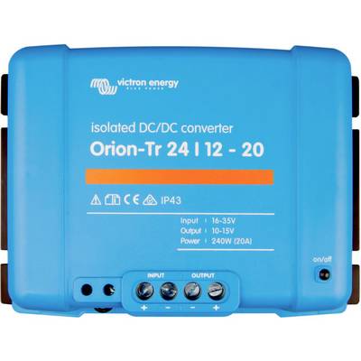 Een blauwe gelijkspanningsomvormer 'Orion-Tr 24 | 12 - 20' van Victron Energy, met ingangs- en uitgangsinformatie, IP43-beschermingsklasse.