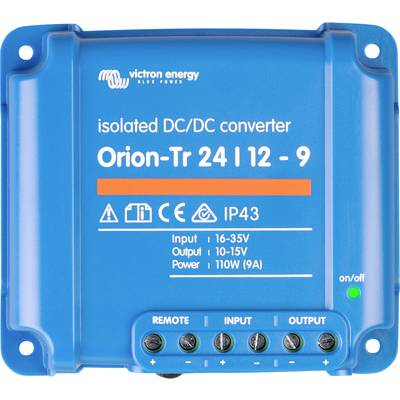 Blauwe DC/DC-converter van Victron Energy met de aanduiding 'Orion-Tr 24 | 12 - 9'. Specificaties: Ingang 16-35V, uitgang 10-15V, vermogen 110W. IP43 beschermingsklasse.