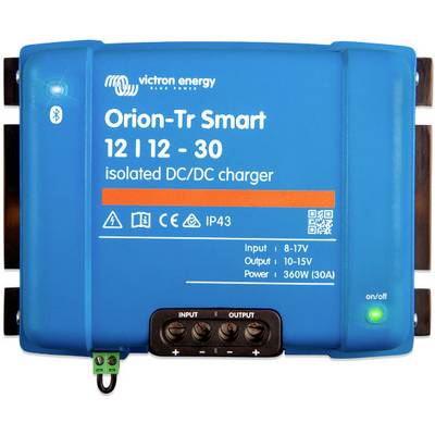Een blauwe DC/DC-lader van Victron Energy, model Orion-Tr Smart 12 | 12 - 30, met ingangs- en uitgangsinformatie.