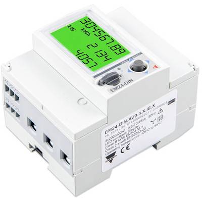 EM24-DIN Energiemeter met digitaal display toont 'KEY 2 GESCHUE'. Toont huidig verbruik in kW en kWh. Wit behuizing.