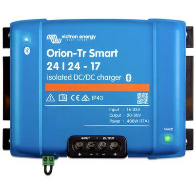 Blauwe DC/DC-lader 'Orion-Tr Smart 24|24-17' van Victron Energy met Bluetooth-functie en LED-display; Ingang 16-35V, Uitgang 20-30V.