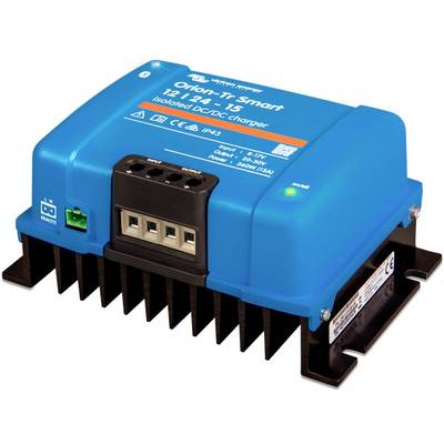 Een blauwe Orion-Tr Smart 12/24-15 DC-DC-lader, geïsoleerd, met meerdere aansluitingen en LED's ter aanduiding van de bedrijfsstatus.
