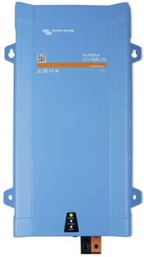 Een blauwe omvormer van Victron Energy met modelnummer 'multiplus 12/1600/70'. Hij heeft LED-indicatoren en een robuut behuizing.