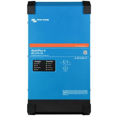 Blauwe Victron Energy MultiPlus-II omvormer met modeldetails en technische specificaties op de voorkant.