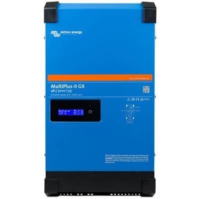 Blauwe 'MultiPlus-II GX' van Victron Energy, 48V, 3000VA Omvormer/Lader. Productdetails en functies zichtbaar op de voorkant.