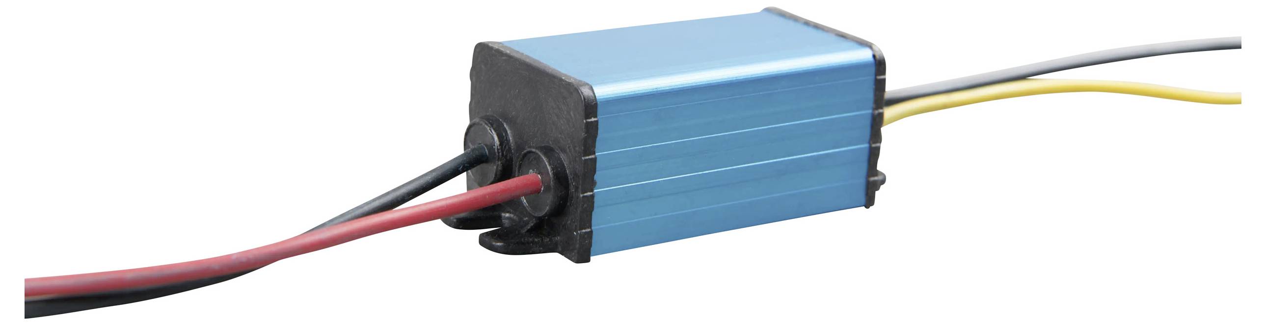 Blauwe rechthoekige elektronische module met zwarte eindkappen, met rode, zwarte en gele draden die aan één zijde uitsteken.