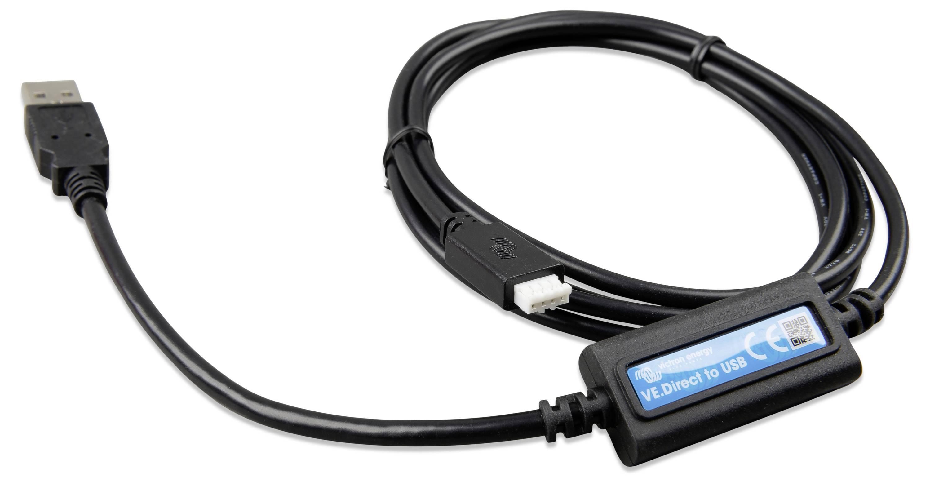 'VE.Direct naar USB' interfacekabel met USB en propriëtaire aansluitingen, gebruikt voor het verbinden van apparaten met een computer, weergegeven op witte achtergrond.